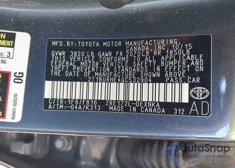 2016 Toyota Corolla Le из США, поврежденный, VIN 2T1BURHE4GC532904